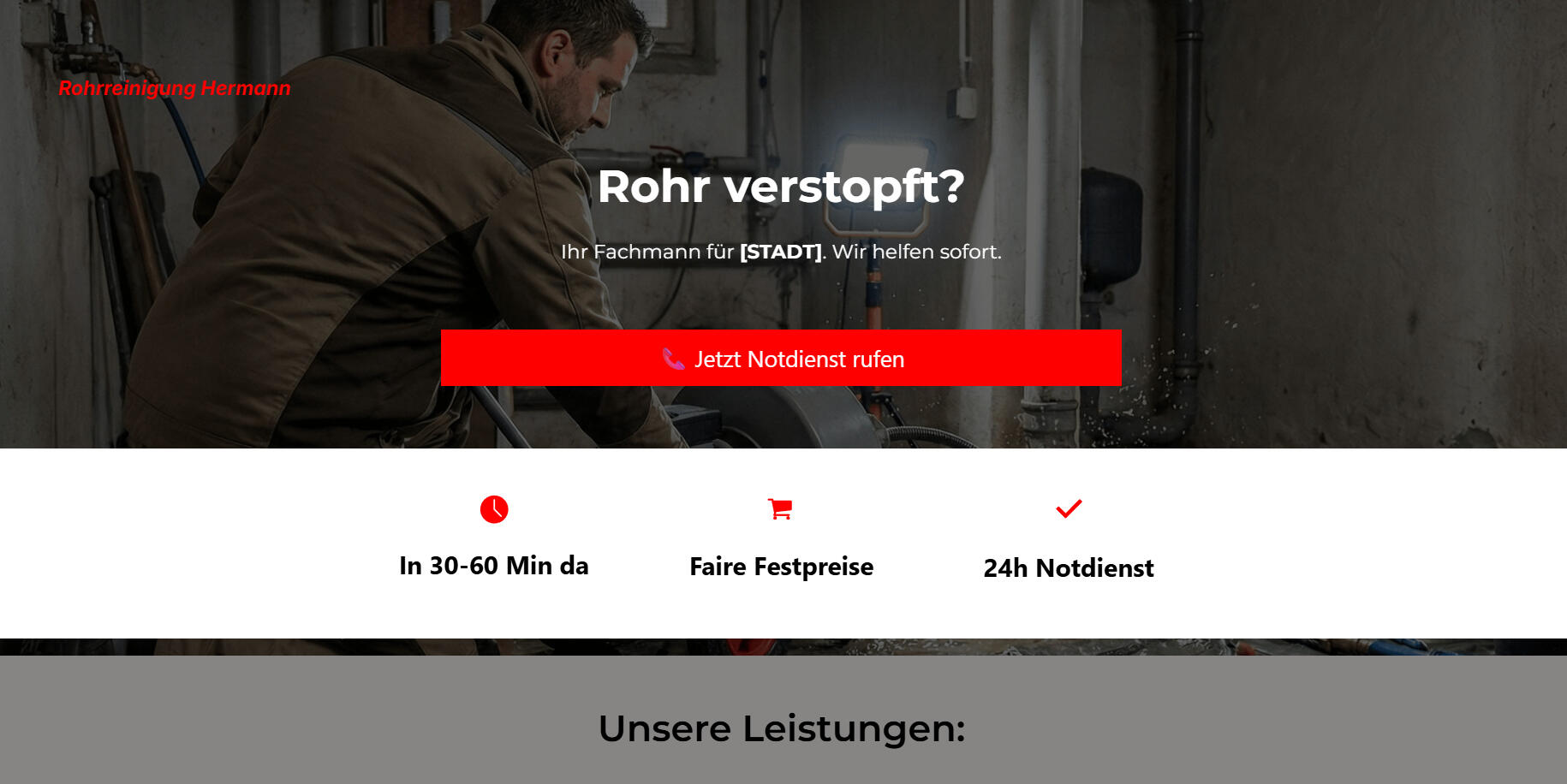 Rohrreinigung Hermann Herobereich der kundengewinnenden Website+ Telefon Ankopplung